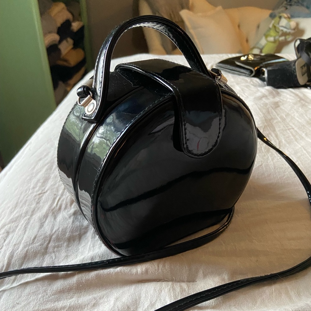 Black Patent Round Top-Handle Crossbody Bag